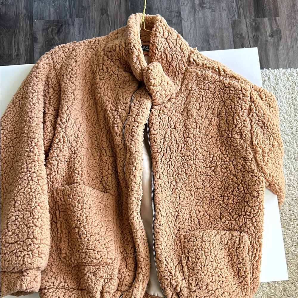 Tan Teddy Jacket with Plush Texture and High Collar